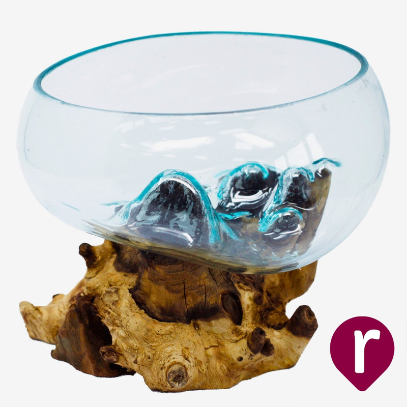 Tazón grande Abierto de Vidrio Fundido Sobre Madera